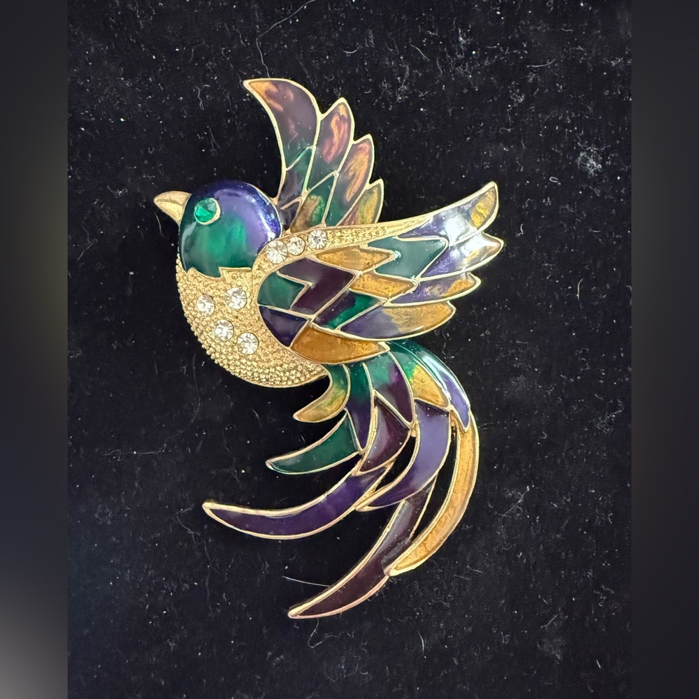 Gold-tone Multicolor Enamel Bird Brooch with Green and Purple Accents